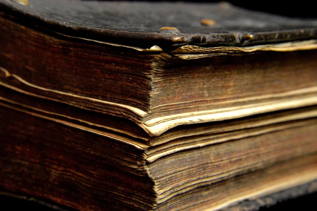 Close-up of the worn pages and cover of an old book