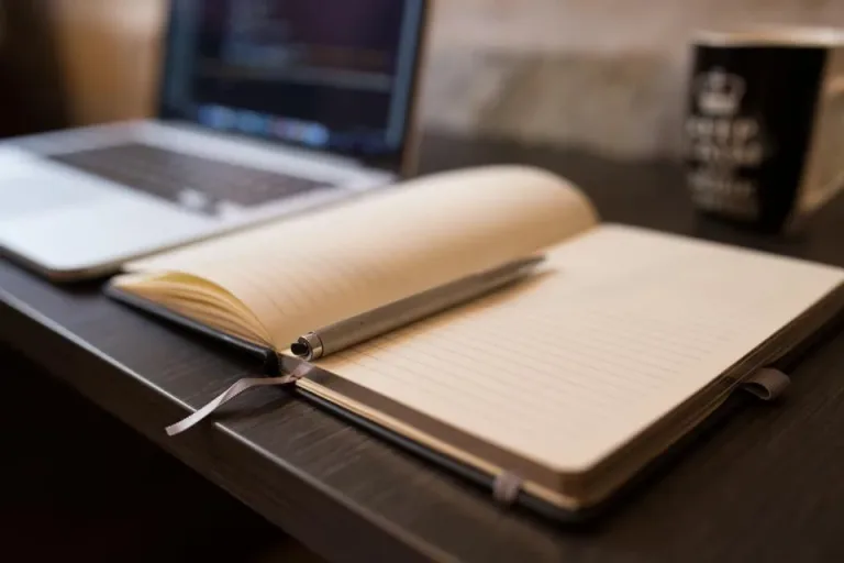 Open lined notebook and pen beside a laptop on a dark desk