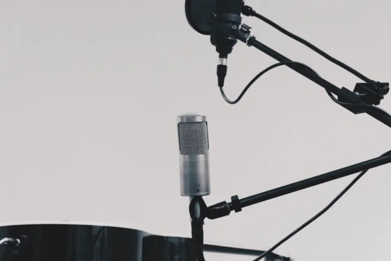 Studio condenser microphones on stands against a light wall